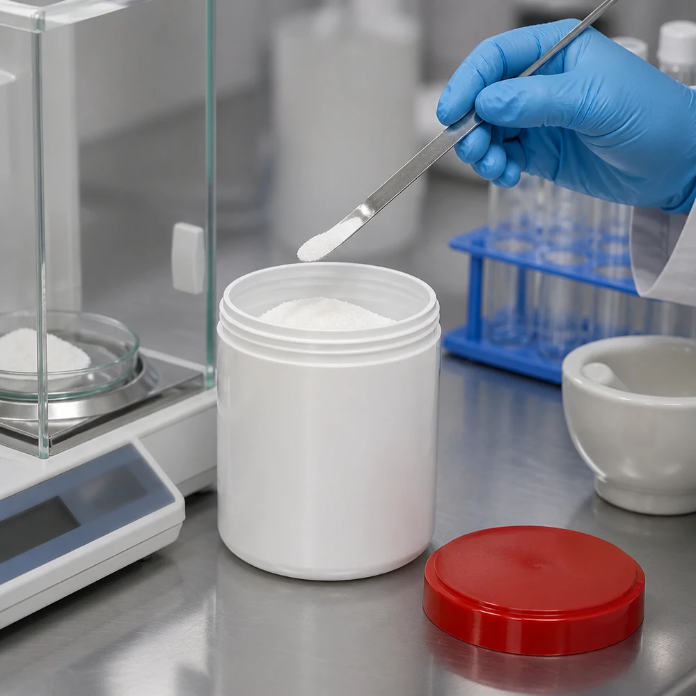 Salbenkruke 30g weiß mit rotem Schraubdeckel (Polypropylen) Salbenkruke 30g weiß PP-Kunststoff mit rotem Schraubdeckel im Labor für pharmazeutische Abfüllung