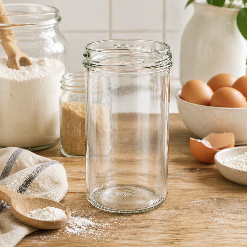 UNiTWIST Sturzglas 277ml TO66 leer auf Holztisch mit Küchenutensilien Eiern und Mehl in rustikaler Küche