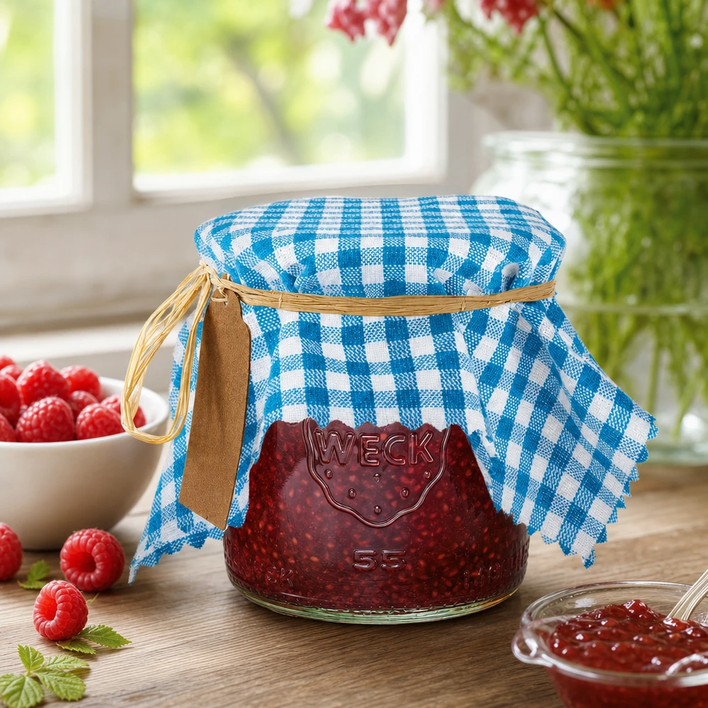 Türkis-kariertes Stoff Schmuckdeckchen 15cm für selbstgemachte Marmelade mit Himbeeren dekorativ inszeniert