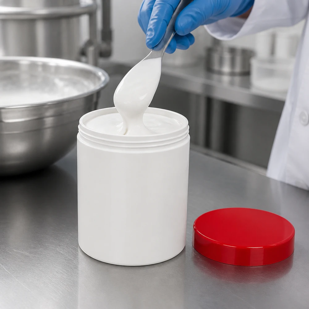 Salbenkruke 300g weiß PP-Kunststoff mit rotem Schraubdeckel für professionelle Abfüllung im Fachhandel