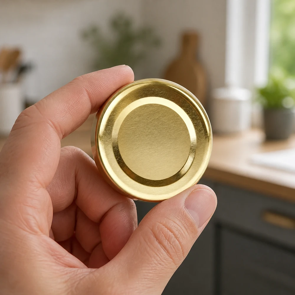 48mm BasicSeal Deckel gold (TO48) UNiTWIST Hand hält goldenen TO48 Twist-Off-Deckel 48mm BasicSeal aus Weißblech für gewerbliche Abfüllung