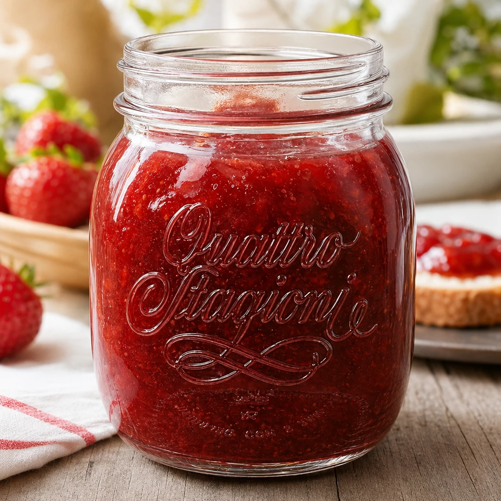 700ml Rundglas "Quattro Stagioni" QS86mm 700ml Quattro Stagioni Haushaltsglas mit roter Marmelade gefüllt neben frischen Erdbeeren auf Holztisch