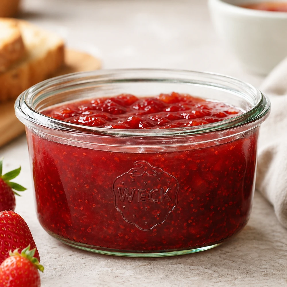 165ml WECK Sturzglas RR80 mit roter Erdbeermarmelade gefüllt auf weißem Holztisch neben frischen Erdbeeren und Brot