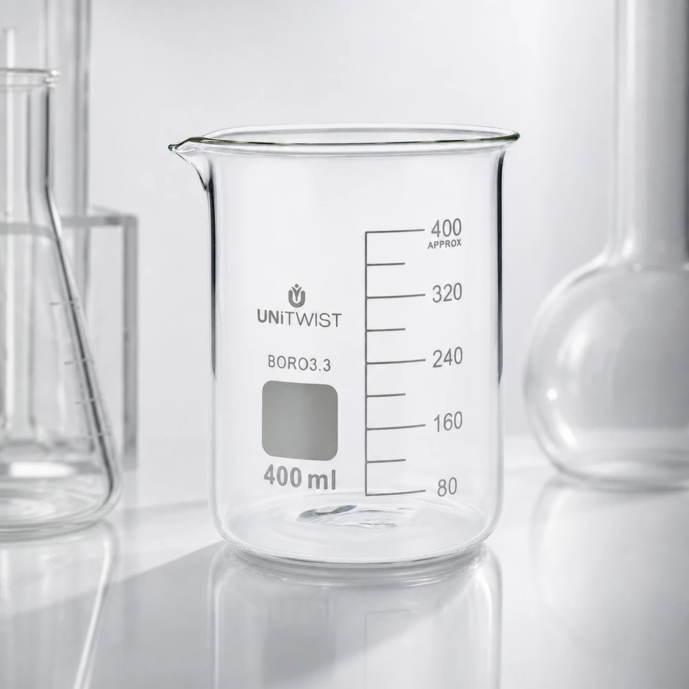 Becherglas 400 ml Borosilikat 3.3 niedrige Form UNiTWIST für Labor und Gewerbe graduiert