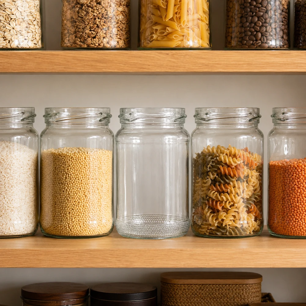 Leere Rundglas Einmachgläser 110ml in organisierter Küchenpantry neben gefüllten Vorratsgläsern mit Getreide