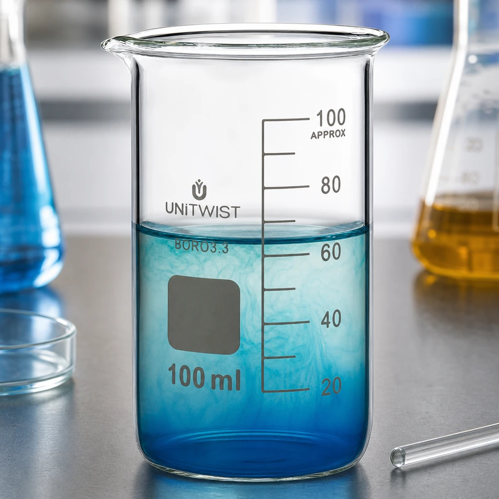 Becherglas 100ml Borosilikat hohe Form UNITWIST für Labor und Gewerbe mit blauer Flüssigkeit