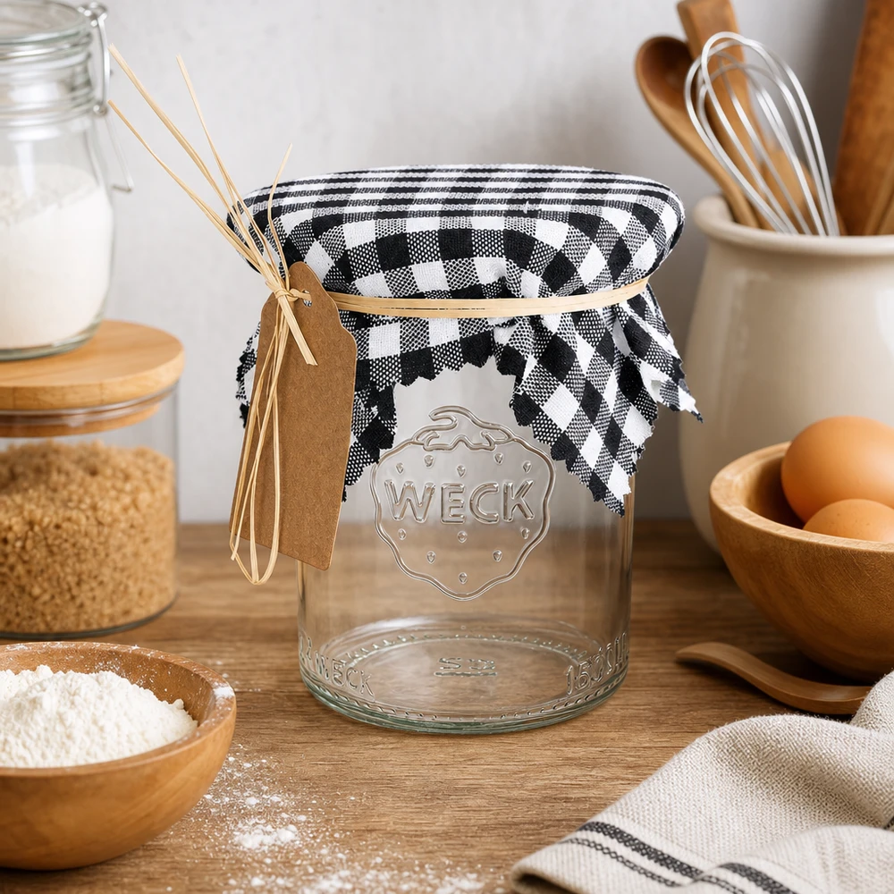 Stoff Schmuckdeckchen schwarz-kariert 12cm eckig Kariertes Stoffdeckchen schwarz-weiß auf Weckglas in gemütlicher Küche mit Holzschalen und Backzutaten