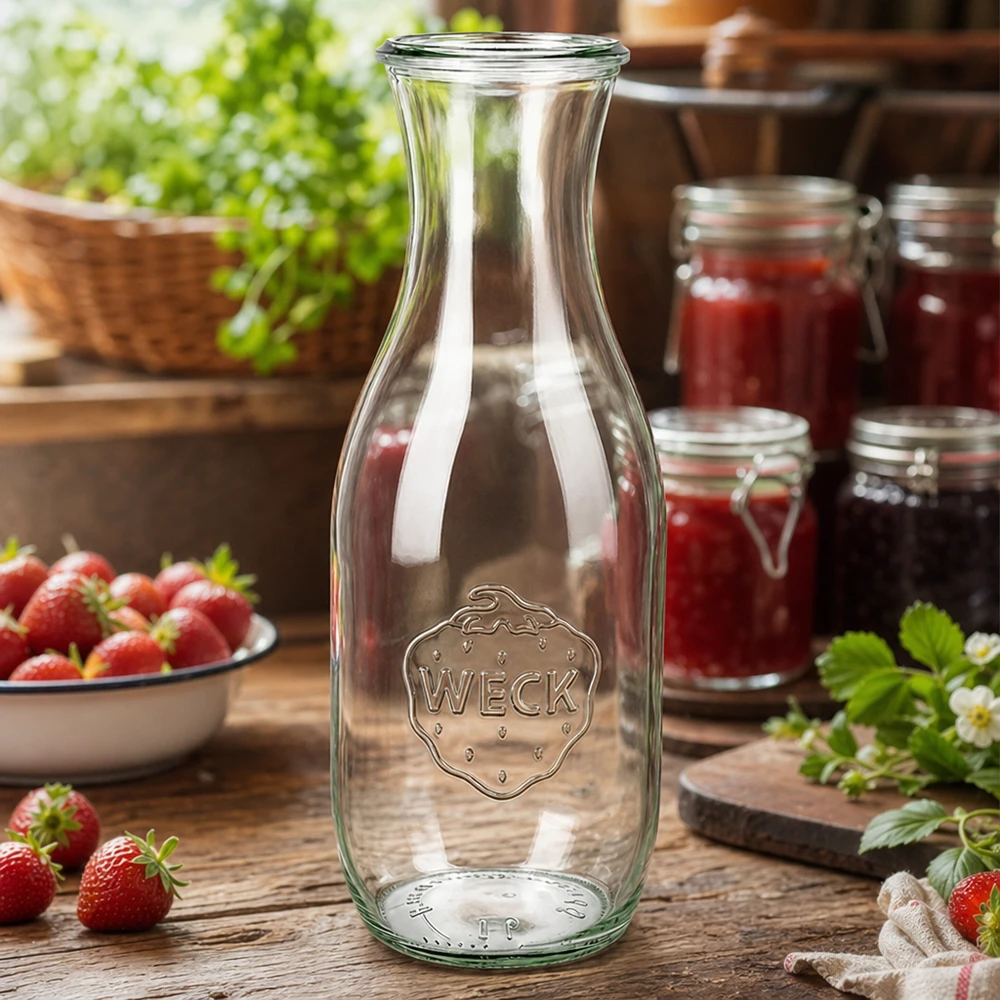 1062ml Saftflasche WECK RR60 WECK Saftflasche 1062ml RR60 in rustikaler Küche mit frischen Erdbeeren und Marmeladengläsern als Dekoration