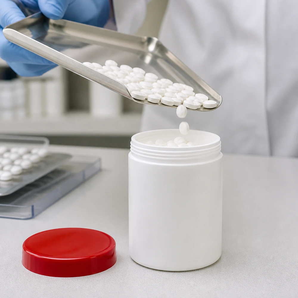Salbenkruke 50g weiß mit rotem Schraubdeckel (Polypropylen) Salbenkruke 50g weiß PP-Kunststoff mit rotem Schraubdeckel für pharmazeutische Abfüllung im Fachhandel