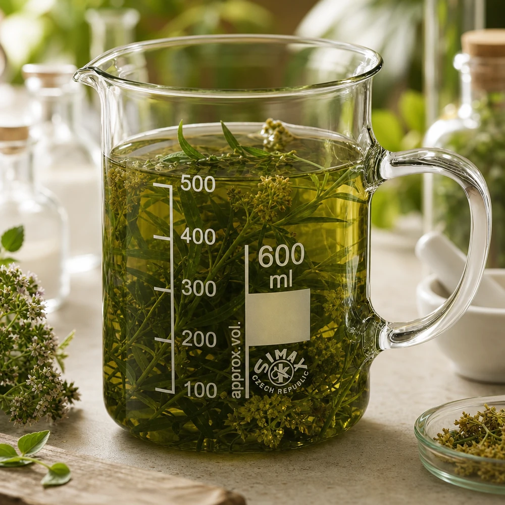 Becherglas 600ml Borosilikatglas, mit Henkel Becherglas 600ml Borosilikatglas mit Henkel gefüllt mit Kräuterextrakt für professionellen Laboreinsatz