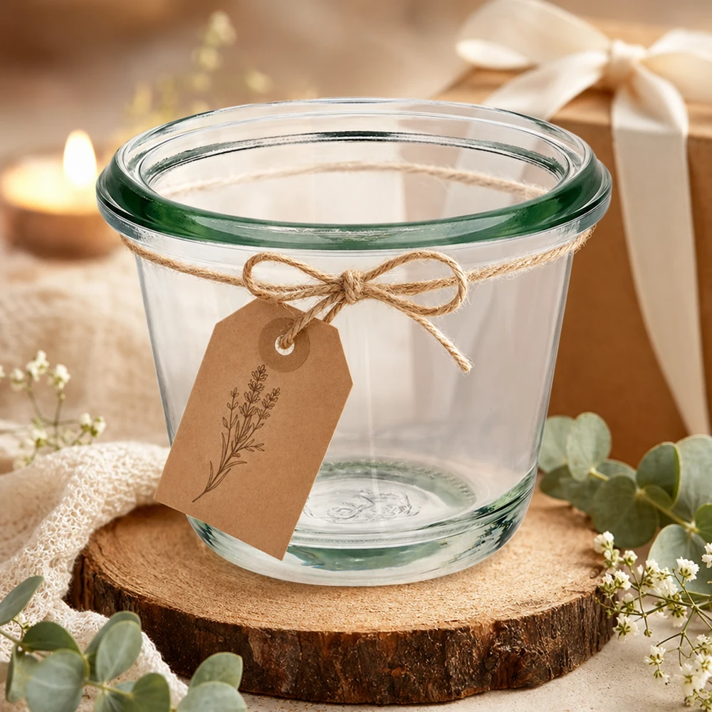 80ml Gourmetglas WECK RR60 80ml WECK Gourmetglas RR60 dekorativ arrangiert mit Kraftpapier-Anhänger auf Holzscheibe in festlicher Geschenkdeko