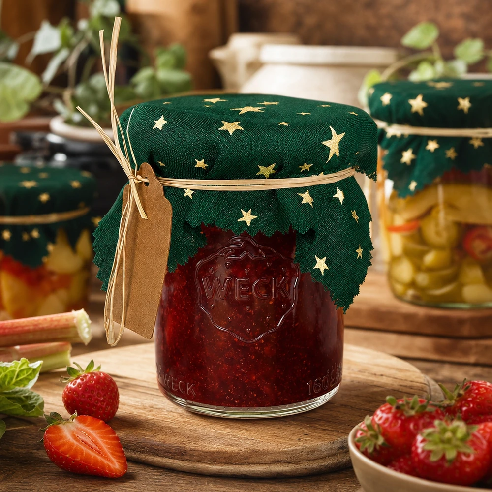 Stoff Schmuckdeckchen grün "Sterne" 12cm eckig Grünes Sterne-Schmuckdeckchen 12cm eckig auf Erdbeermarmelade-Glas, rustikale Küchenszene mit frischen Erdbeeren