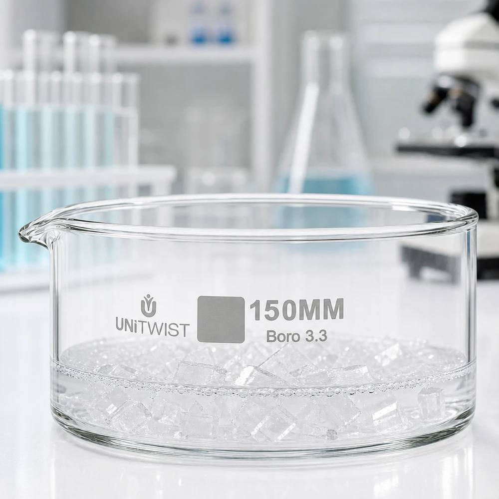 Kristallisierschale ø150mm Borosilikatglas UNiTWIST Kristallisierschale ø150mm Borosilikatglas 3.3 UNiTWIST für Labor und Gewerbe leer auf weißer Fläche