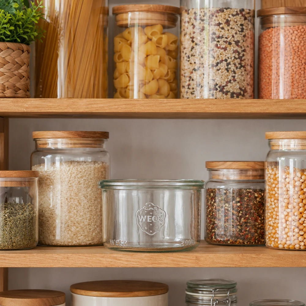 200ml WECK Sturzglas RR80 in organisierter Küche mit Vorratsgläsern für Lebensmittel und Gewürze auf Holzregal