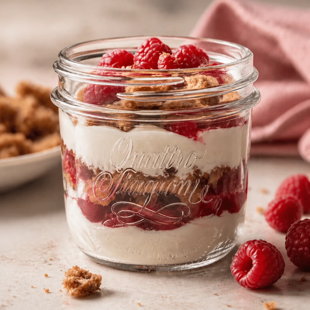 200ml Quattro Stagioni Schmuckglas mit Dessert gefüllt, Himbeeren und Kekse, transparentes Einmachglas für Küche