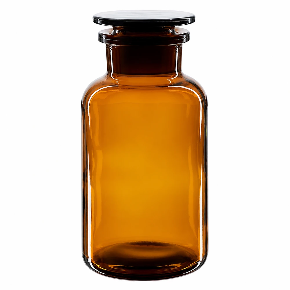 Rundschulterfl. 500ml braun Weithals Glasstopfen Braune Weithals-Rundschulterflasche 500ml aus Glas mit Glasstopfen für professionellen Laboreinsatz