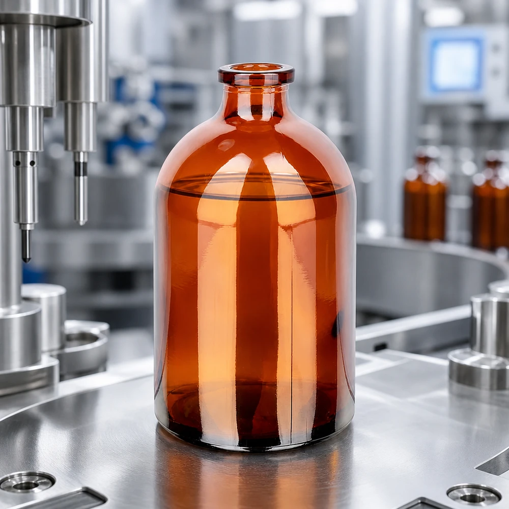 Injektionsflasche Braunglas 100ml für pharmazeutischen Einsatz auf industrieller Abfüllanlage