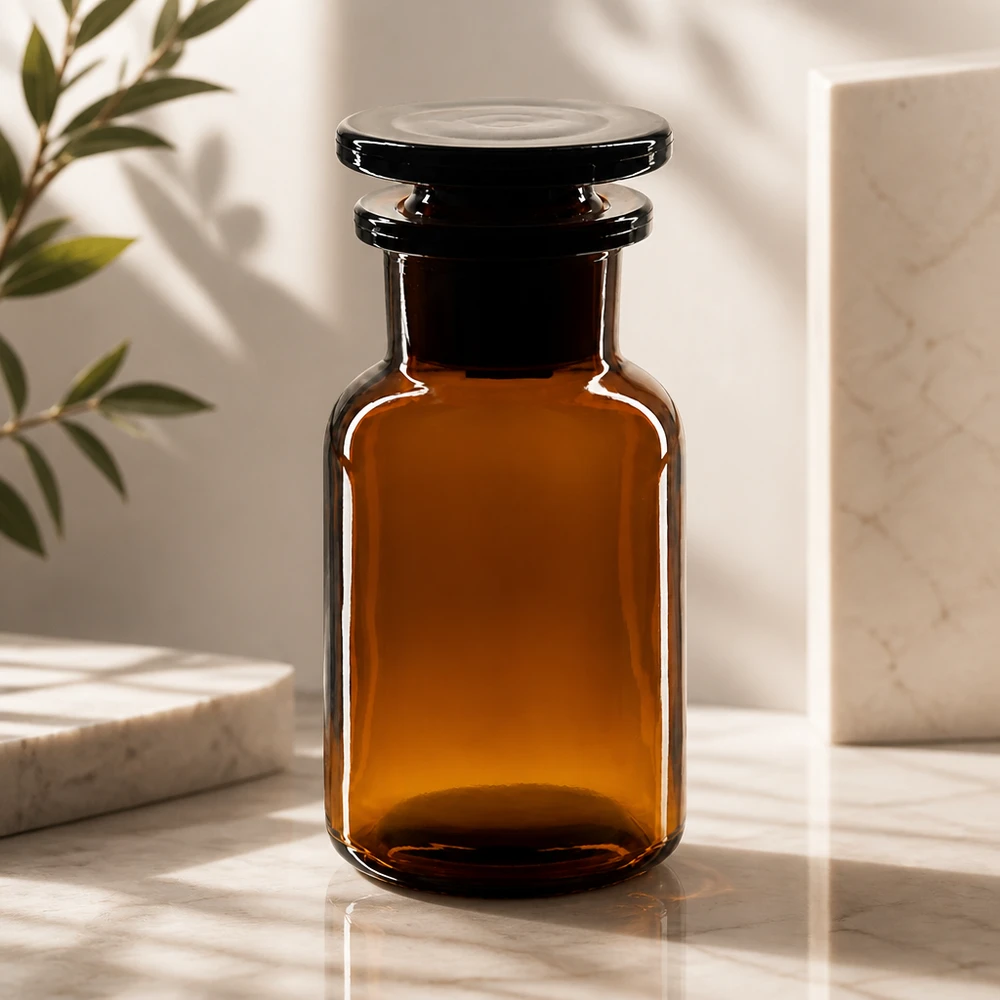 Rundschulterfl. 100ml braun Weithals Glasstopfen Braune Weithalsflasche 100ml Rundschulter mit Glasstopfen für Labor und Gewerbe