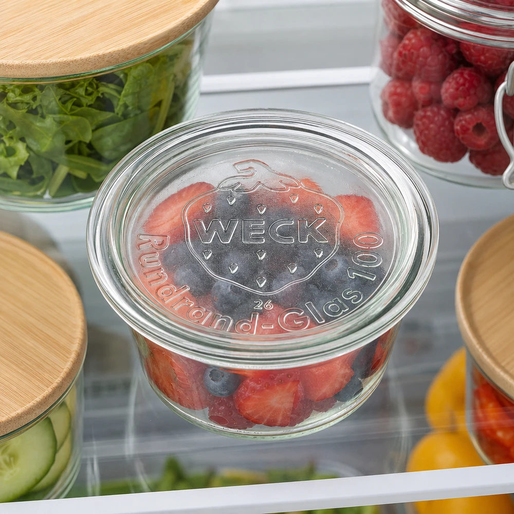 WECK Glasdeckel RR100 WECK Glasdeckel RR100 im Kühlschrank mit frischen Beeren und Gemüse in Aufbewahrungsgläsern gelagert