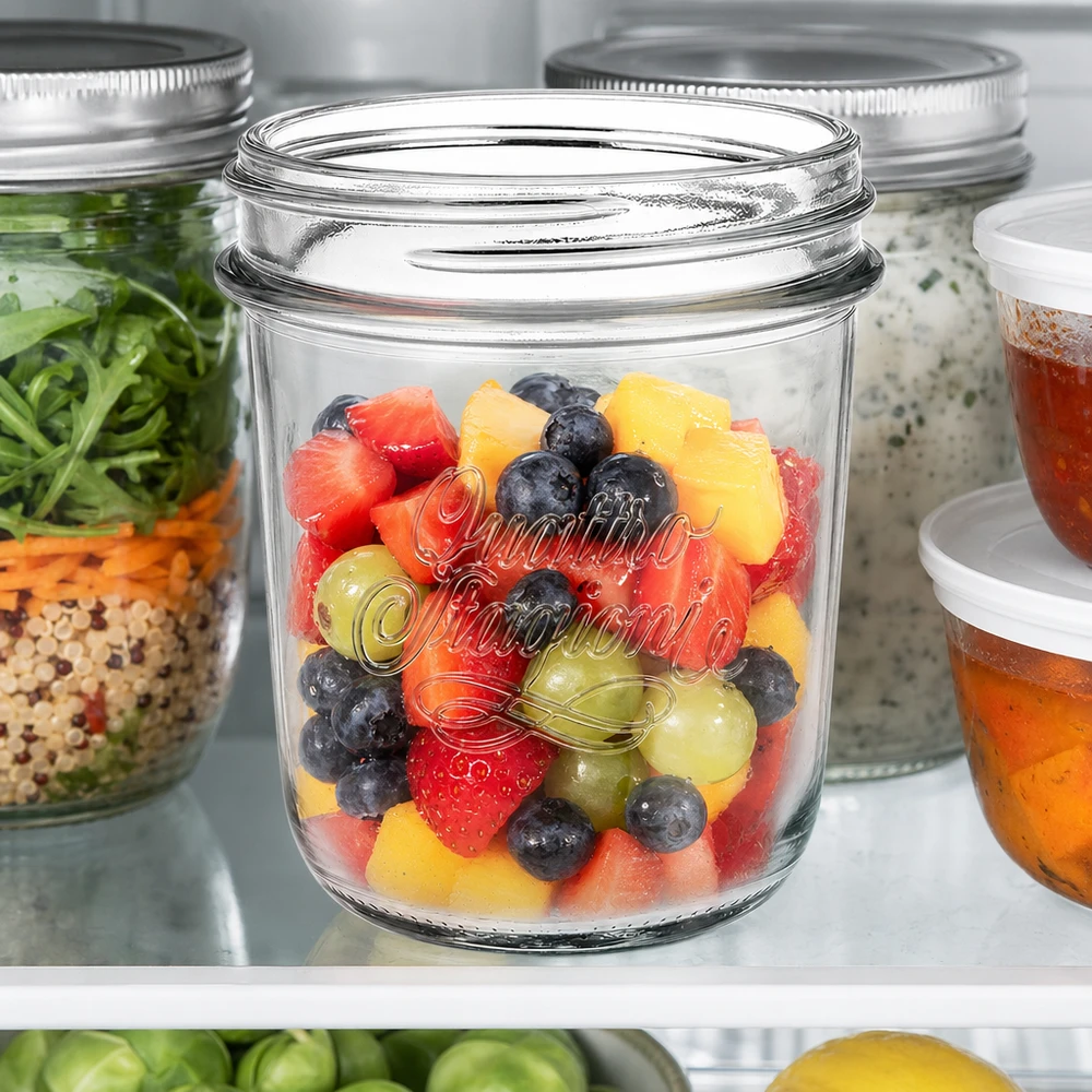 320ml Sturzglas Quattro Stagioni mit buntem Obstsalat im Kühlschrank, Einmachglas für Meal Prep und Vorratshaltung