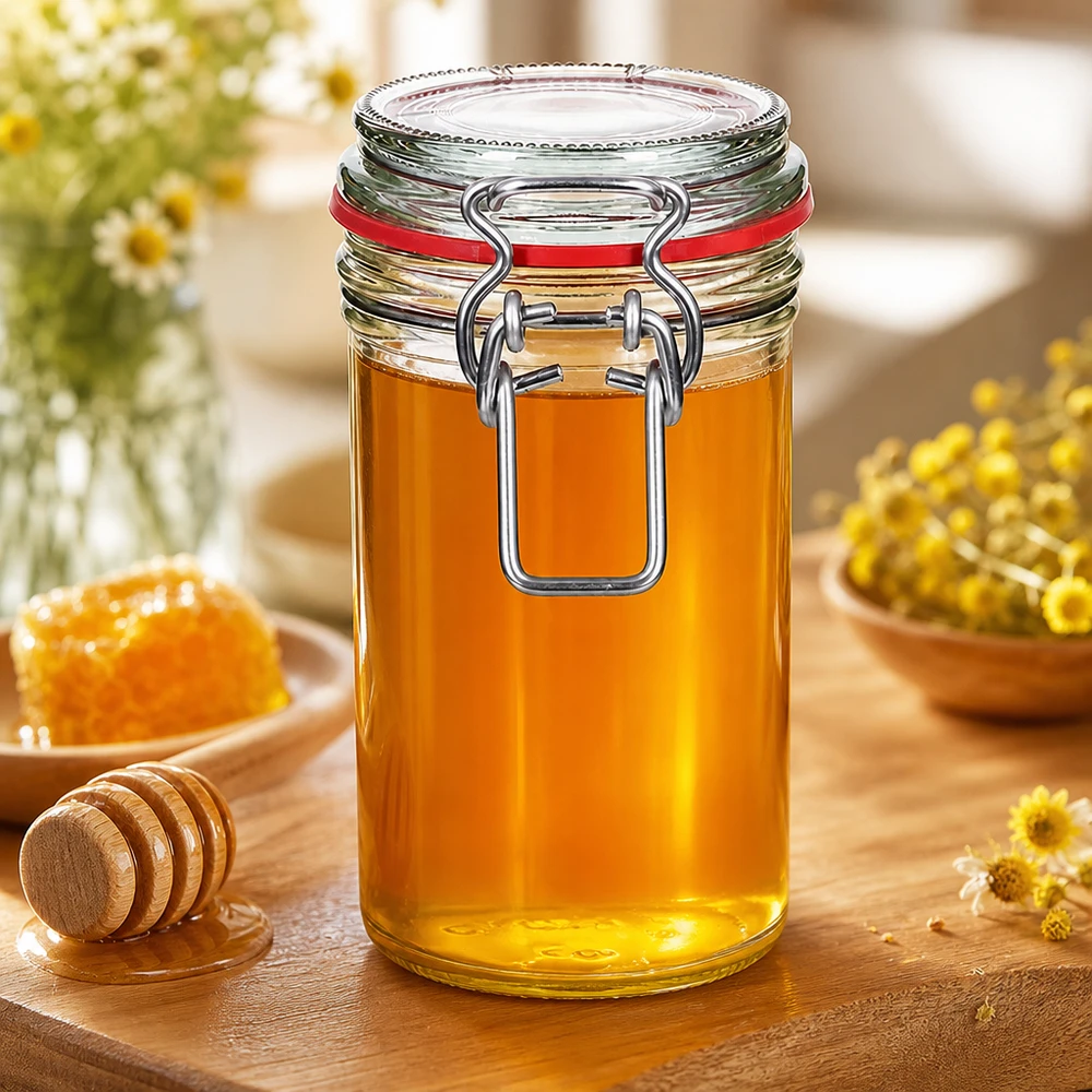 272ml Vorratsglas Typ G mit Bügelverschluss UN.. 272ml Vorratsglas mit Bügelverschluss gefüllt mit Honig auf Holztisch für professionelle Lebensmittellagerung Pacadura