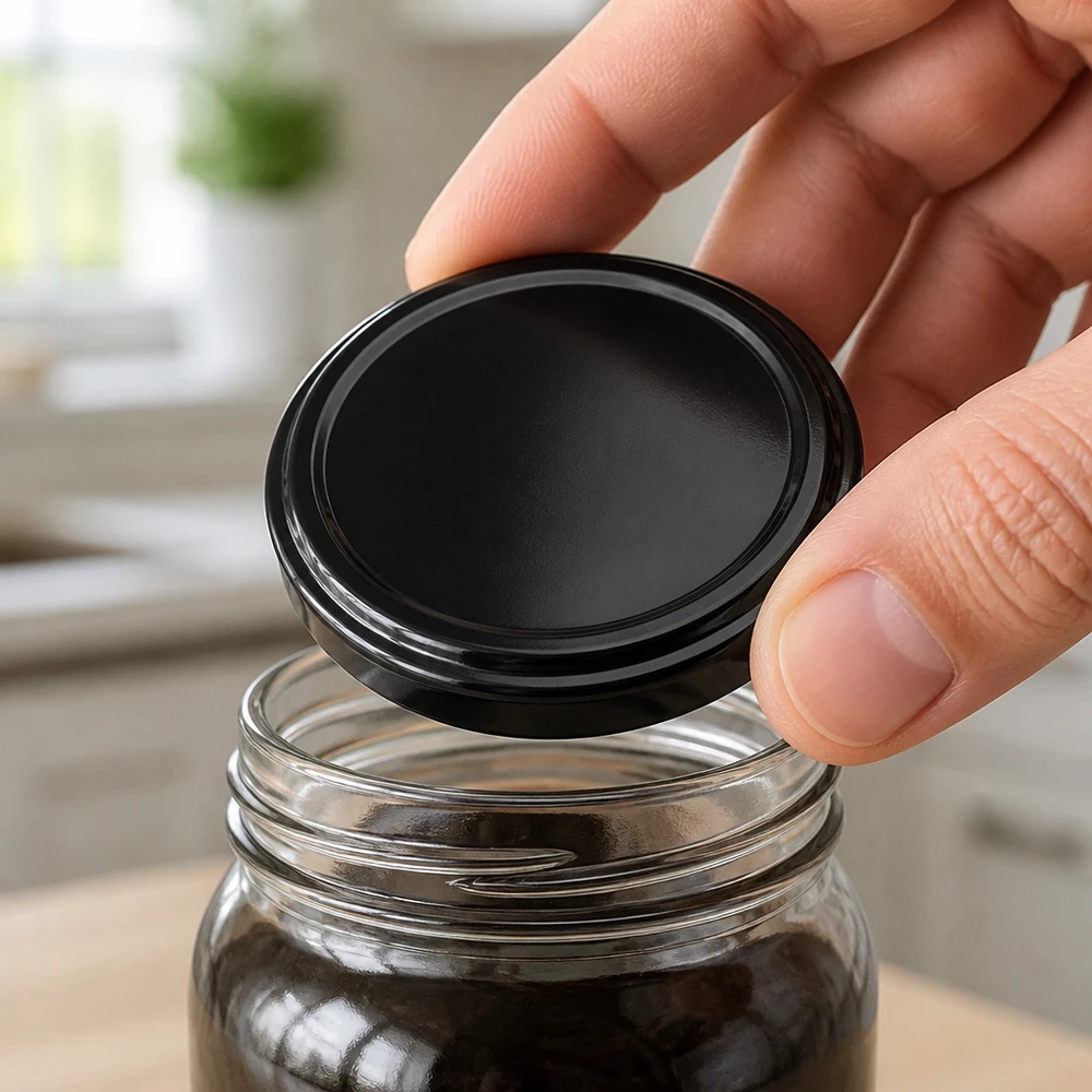 66mm BasicSeal Twist-Off Deckel TO66 schwarz aus Metall wird auf Einmachglas platziert Großhandel Pacadura