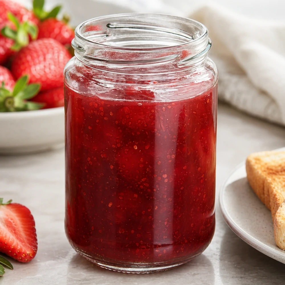 UNiTWIST Runda390 Rundglas 390ml TO70 mit roter Erdbeermarmelade gefüllt neben frischen Erdbeeren und Toast