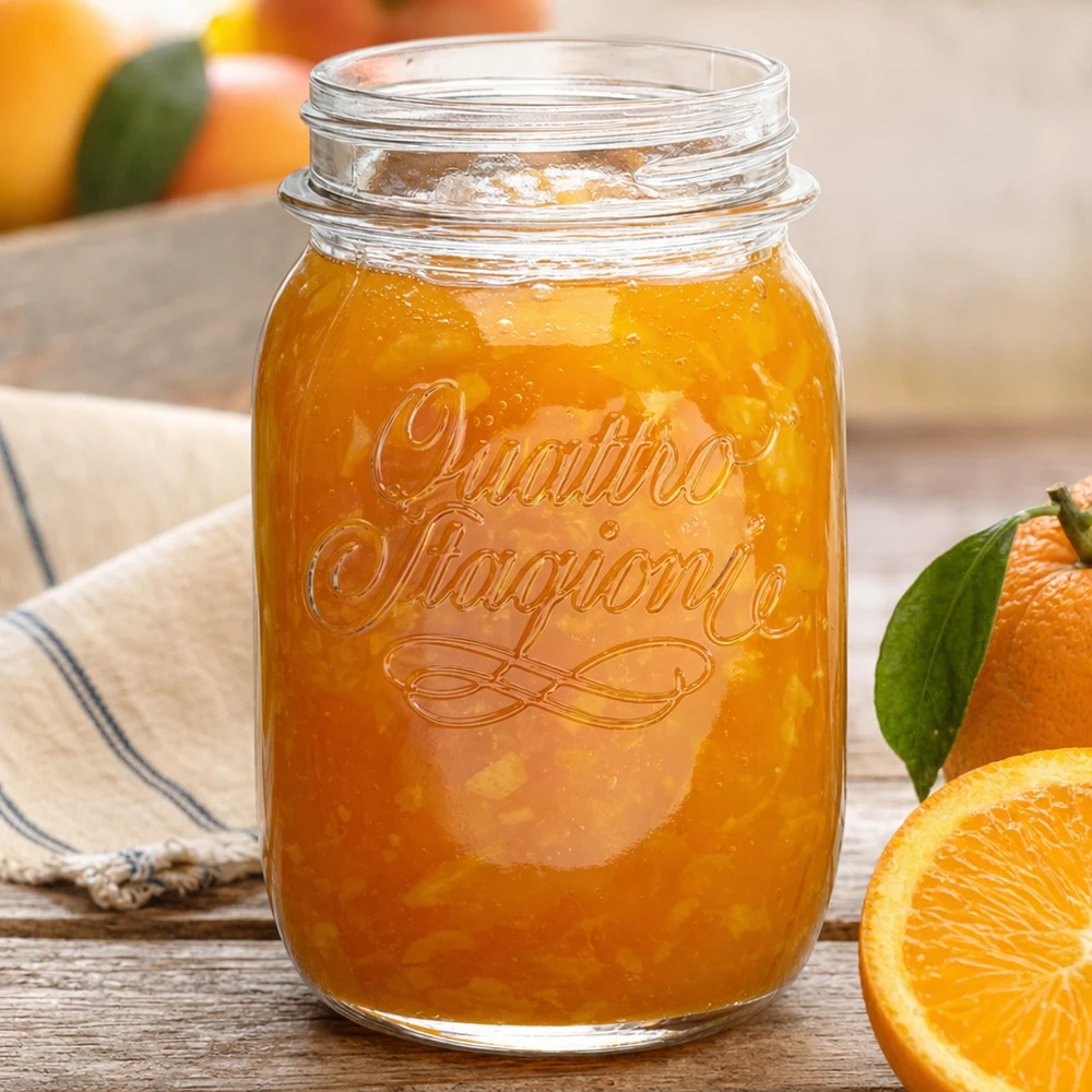500ml Rundglas "Quattro Stagioni" QS70mm 500ml Quattro Stagioni Haushaltsglas mit Orangenmarmelade gefüllt neben frischen Orangen auf Holztisch
