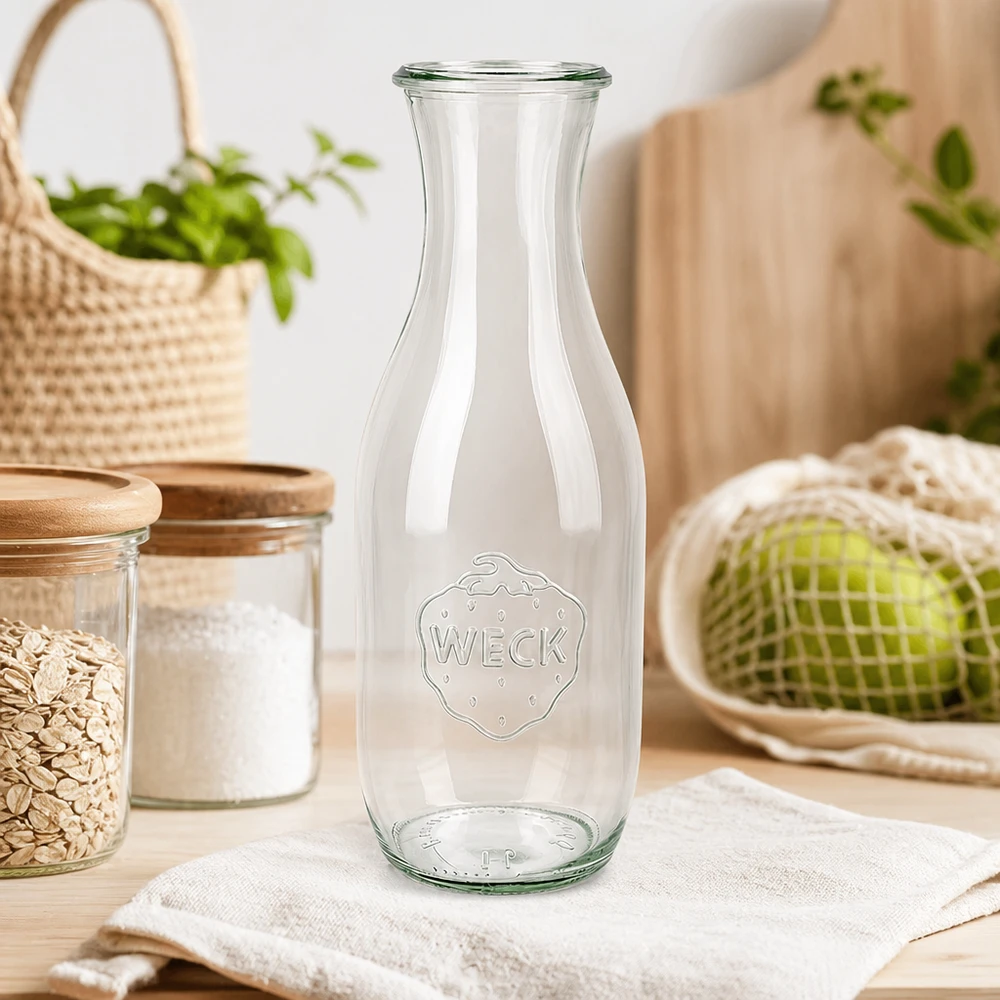 1062ml Saftflasche WECK RR60 WECK Saftflasche 1062ml RR60 auf weißem Tuch in nachhaltiger Küche mit Vorratsgläsern und Bio-Gemüse