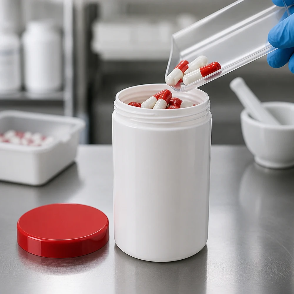 Salbenkruke 250g weiß mit rotem Schraubdeckel (Polypropylen) Salbenkruke 250g weiß PP-Kunststoff mit rotem Schraubdeckel für pharmazeutische und kosmetische Abfüllung
