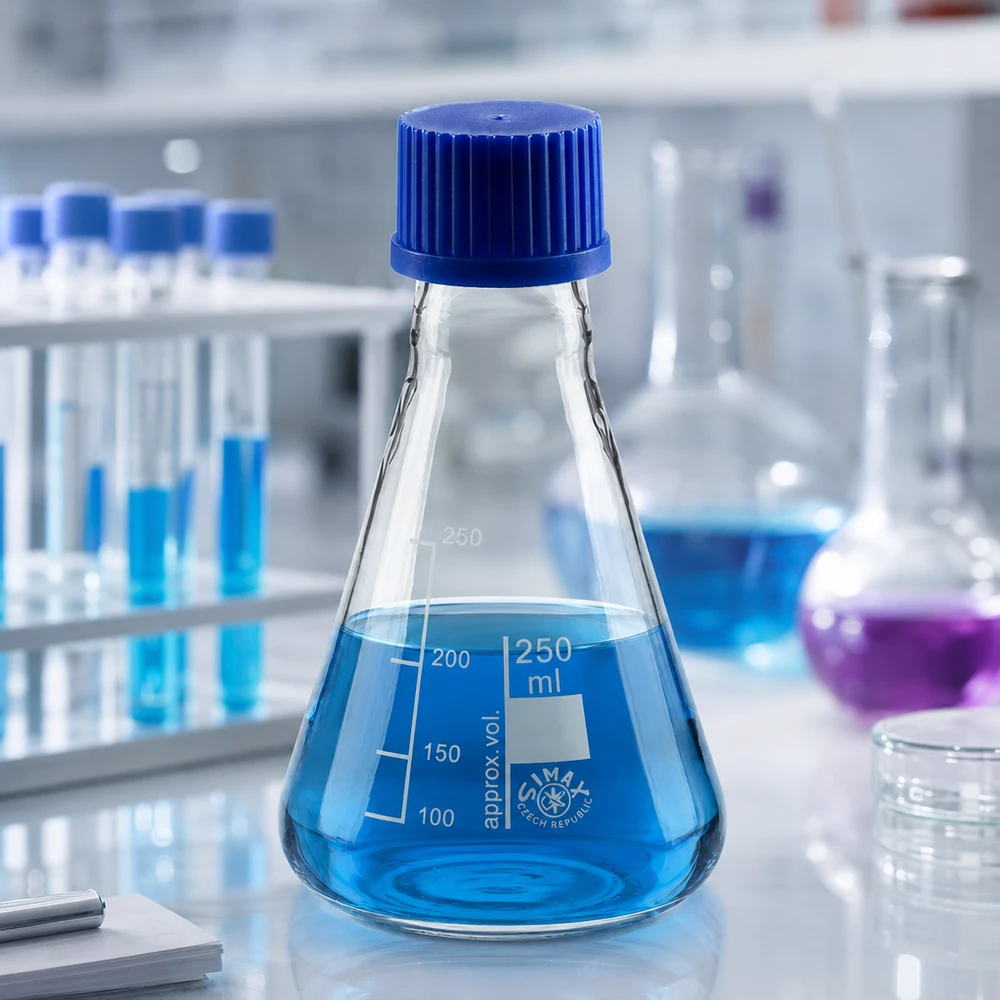 Erlenmeyerkolben 250ml mit Schraubkappe Erlenmeyerkolben 250ml Glas mit blauer Schraubkappe für professionelle Laboranwendungen bei Pacadura.de