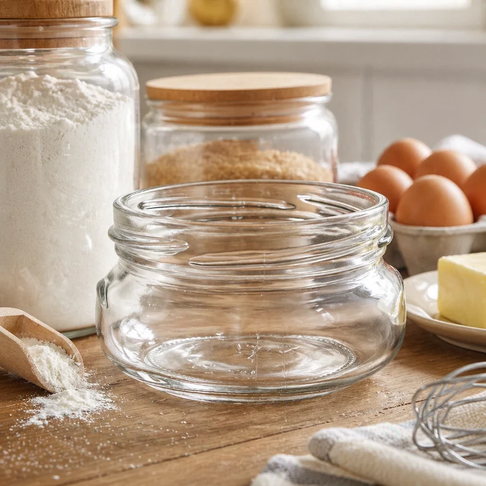 UNiTWIST Terrina120 Terrinenglas 120ml TO70 leer auf Holzbrett in Küche mit Backzutaten und Vorratsgläsern