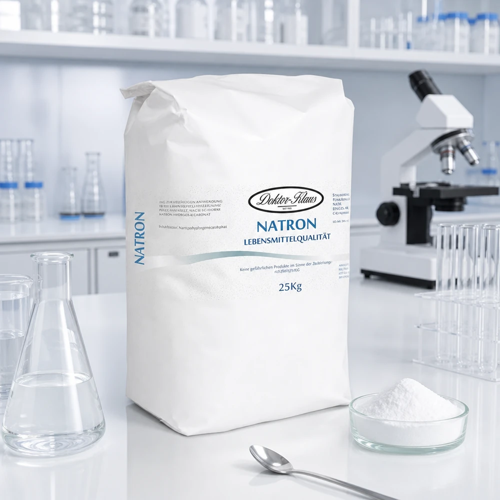 Natron Pulver (Natriumhydrogencarbonat) 25kg 25kg Natron Pulver Natriumhydrogencarbonat Großpackung für Gewerbe im Labor mit Glaskolben und Mikroskop