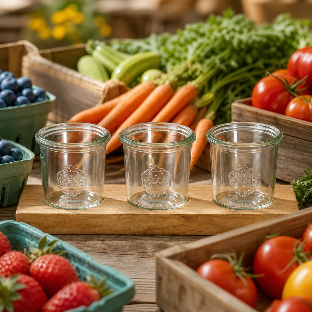 Servierbrett Plano3 mit 3 Weck Sturzgläsern 140ml WECK Sturzgläser 140ml auf Servierbrett Plano3 zwischen frischem Marktgemüse Tomaten Karotten und Beeren dekoriert