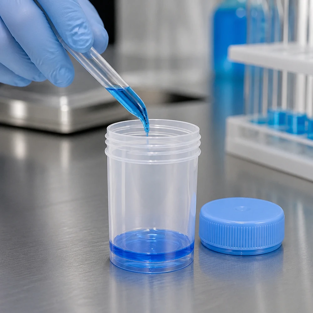 Universal Kunststoffdose Pathogefäß 35ml transparent mit blauem Deckel für Labor und medizinischen Einsatz