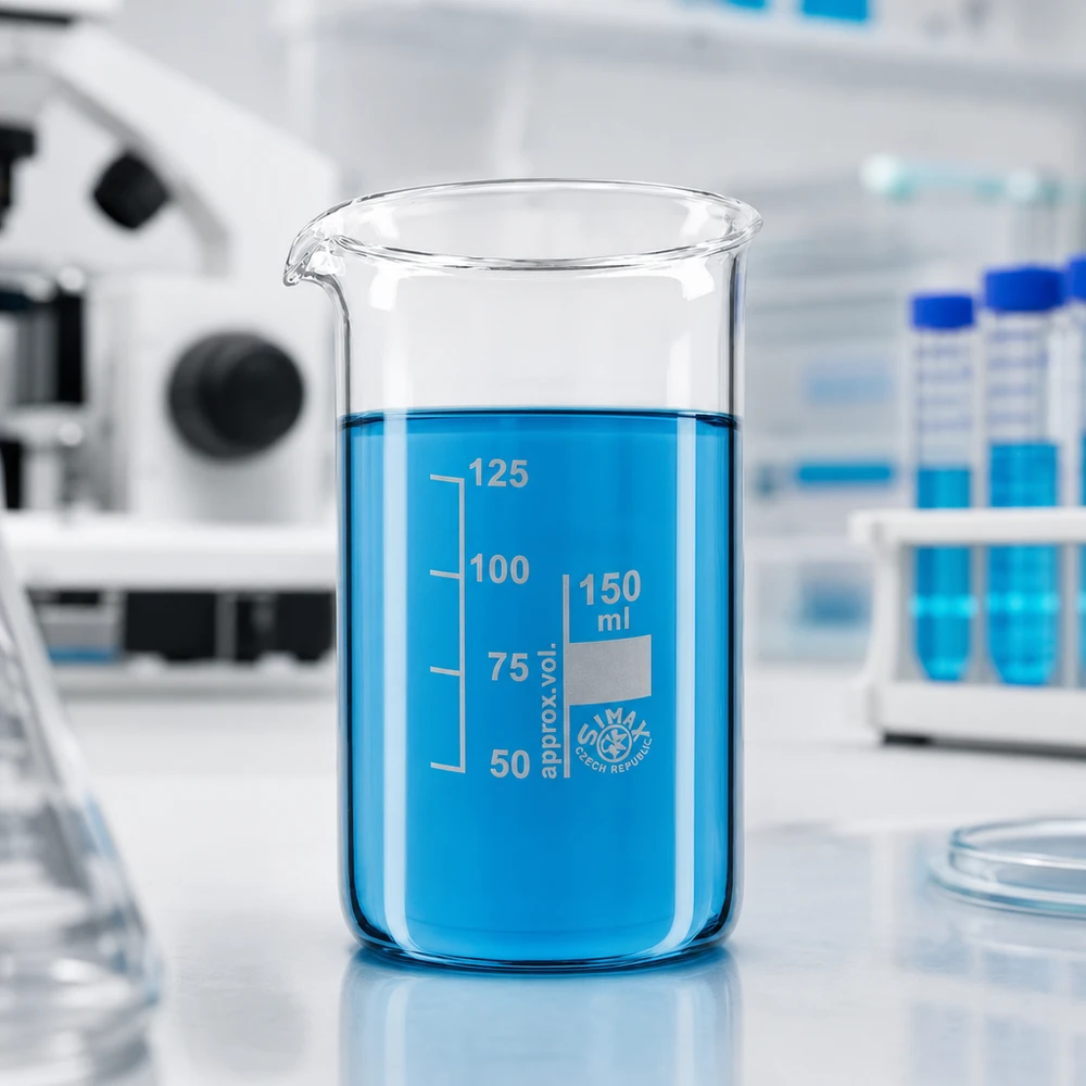 Becherglas 150ml Borosilikatglas, hohe Form Becherglas 150ml hohe Form aus Borosilikatglas mit blauer Flüssigkeit im Labor – präzise Graduierung für professionellen