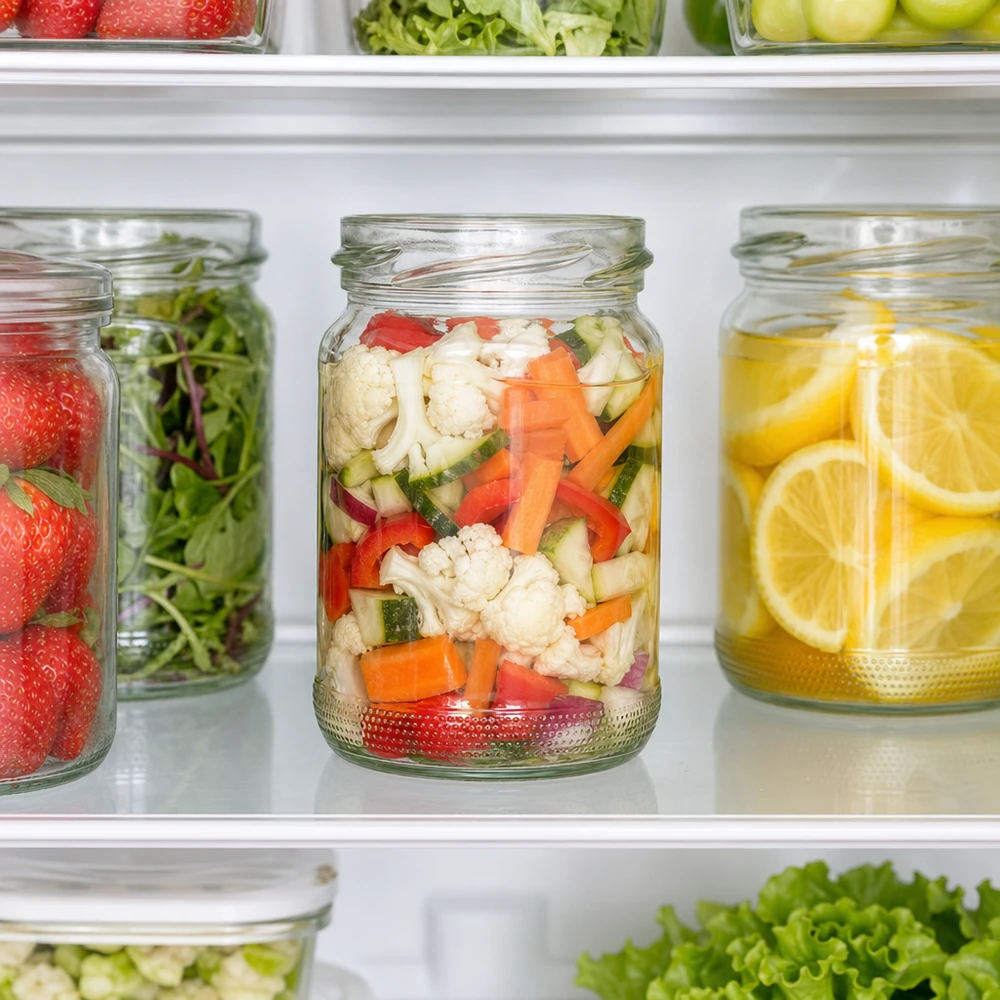 UNiTWIST Runda110 Rundglas 110ml TO48 mit Gemüse im Kühlschrank zur Lebensmittelaufbewahrung