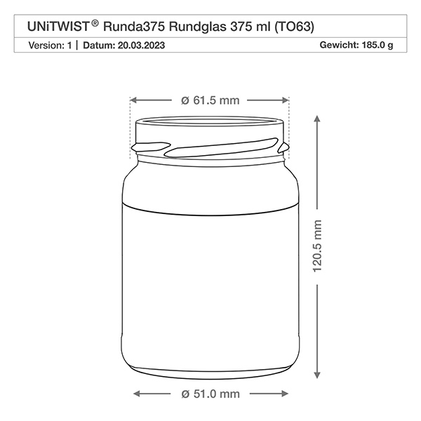 375ml Rundglas ohne Deckel (TO63) UNiTWIST UNiTWIST Runda375 Rundglas 375ml TO63 technische Zeichnung mit Maßangaben 61,5mm Öffnung 120,5mm Höhe Gewicht 185g
