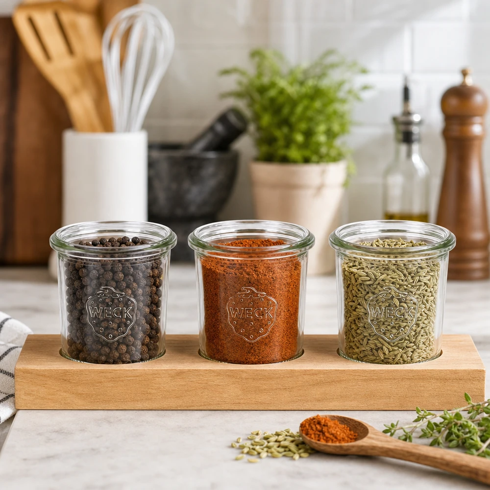 Servierbrett Plano3 mit 3 Weck Sturzgläsern 140ml Gewürze in WECK Sturzgläsern 140ml auf Servierbrett Plano3 Pfefferkörner Paprika Fenchelsamen Küchenorganisation