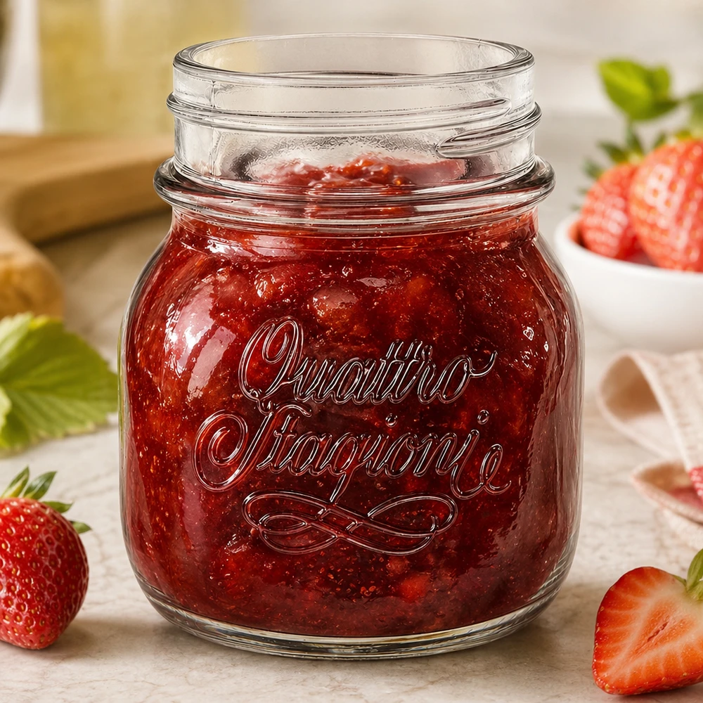150ml Rundglas "Quattro Stagioni" QS56mm Haushaltsglas Quattro Stagioni 150ml mit roter Erdbeermarmelade gefüllt neben frischen Erdbeeren auf Holztisch