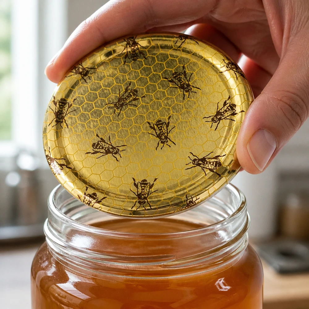 82mm BasicSeal TO82 Schraubdeckel Bienenwabe Goldoptik für Einmachgläser Großhandel Pacadura