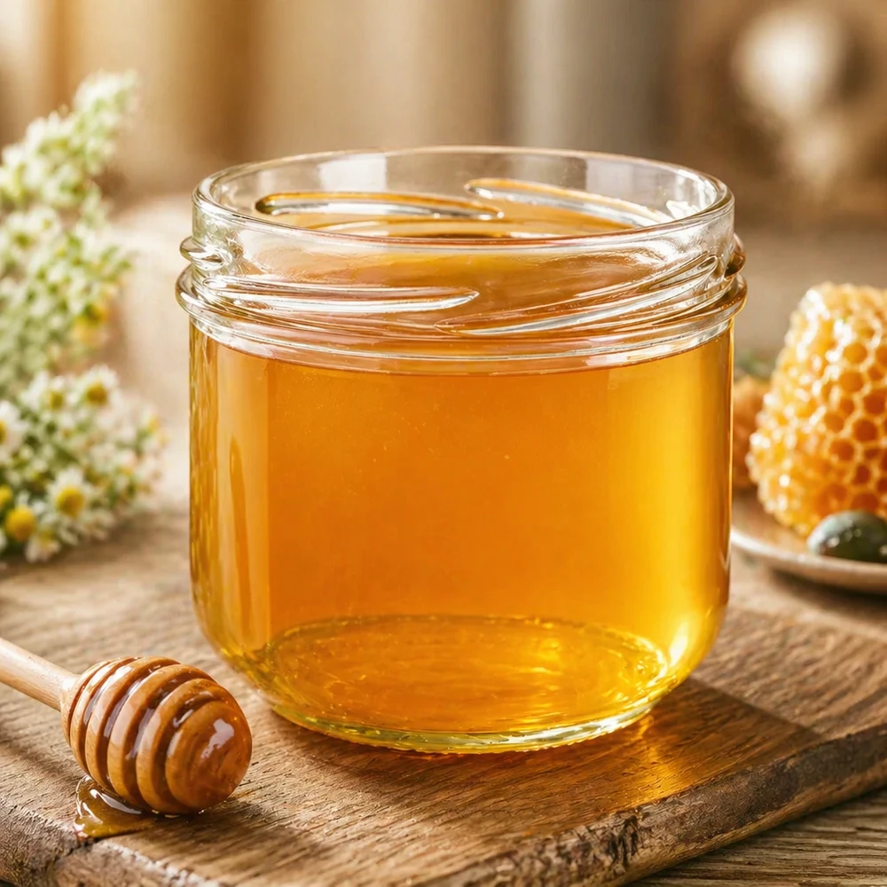 UNiTWIST Sturz260 Rundglas 260ml TO82 mit Honig gefüllt auf Holzbrett neben Honiglöffel und Waben