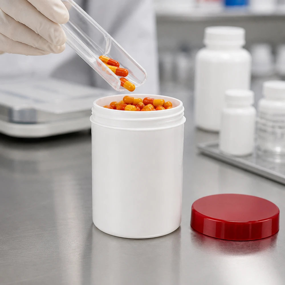 Salbenkruke 150g weiß mit rotem Schraubdeckel (Polypropylen) Weiße PP-Salbenkruke 150g mit rotem Schraubdeckel für pharmazeutische und gewerbliche Abfüllung