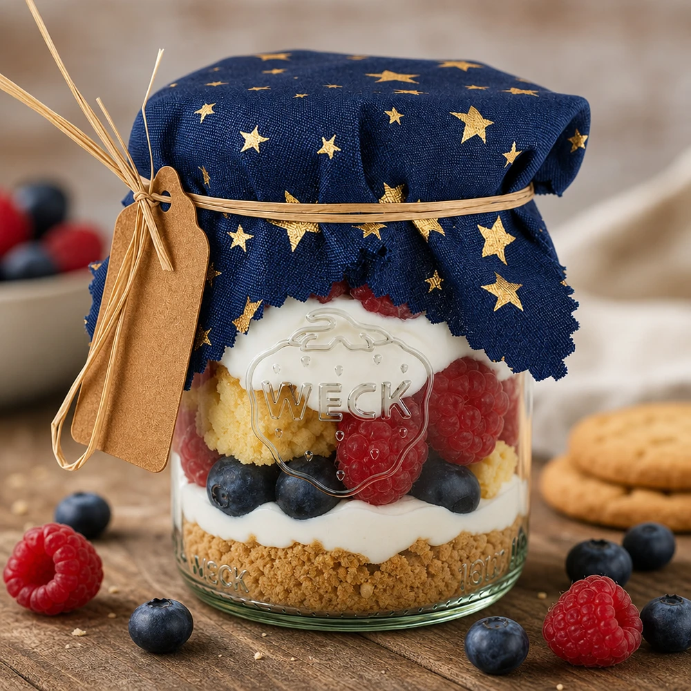 Stoff Schmuckdeckchen blau "Sterne" 12cm eckig Dessert im Glas mit blauem Sternen-Stoffdeckchen, Beeren-Trifle dekorativ abgedeckt, festliche Präsentation für Gäste