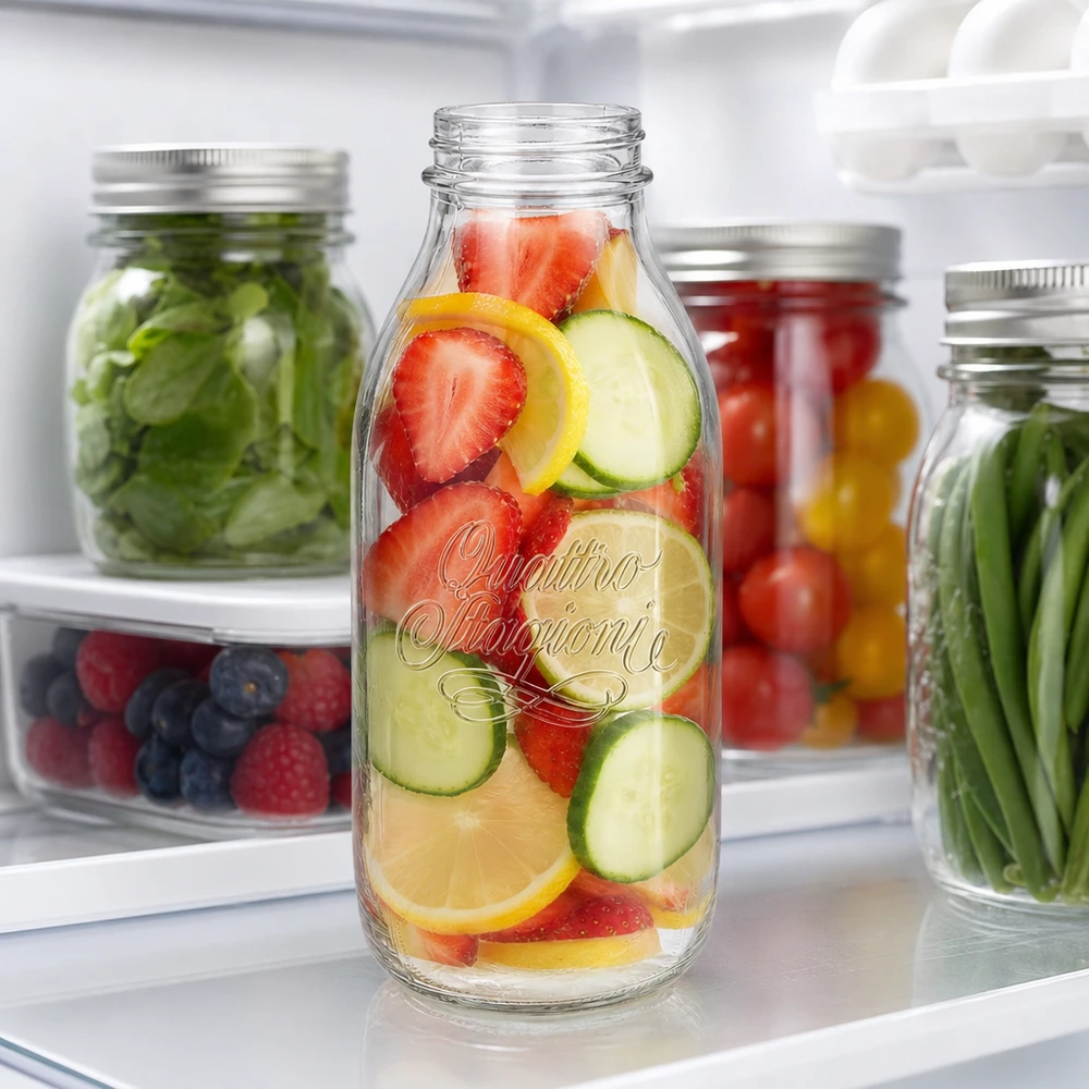 1000ml Weithalsflasche Quattro Stagioni aus Glas mit Früchten befüllt im Kühlschrank für professionelle Gastronomie