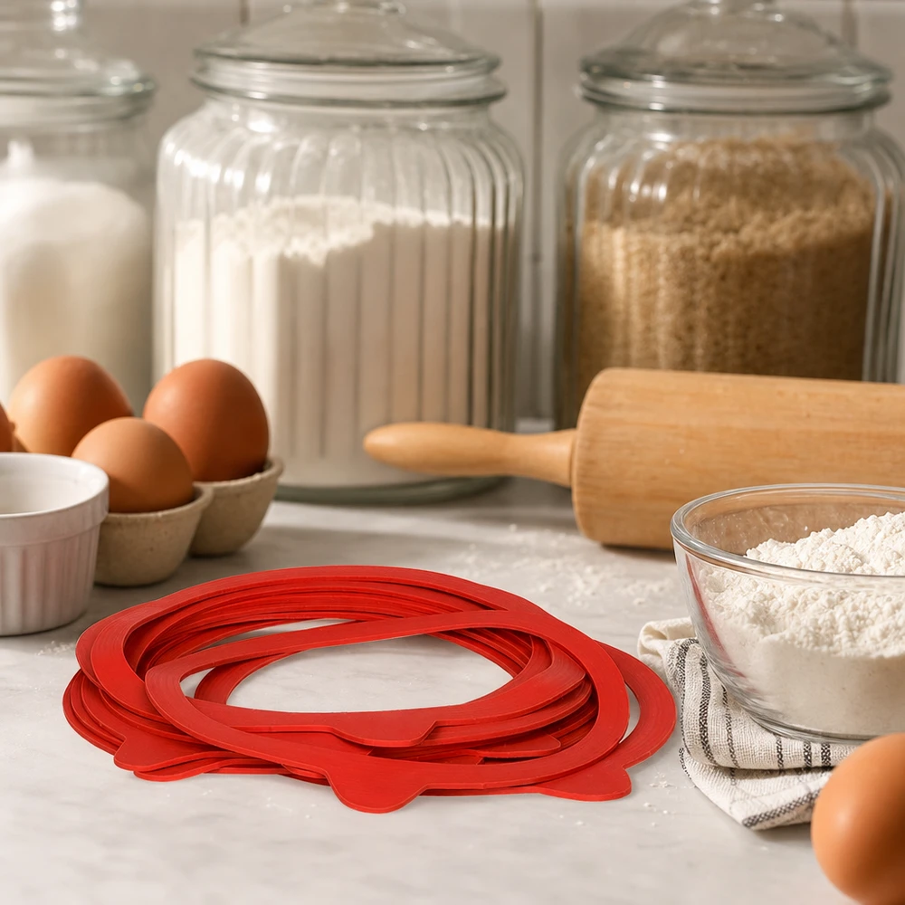 Einkochring Naturgummi RR120 Rote Einkochringe RR120 Naturgummi in Backküche mit Eiern, Mehl, Nudelholz und Vorratsgläsern zum Einkochen
