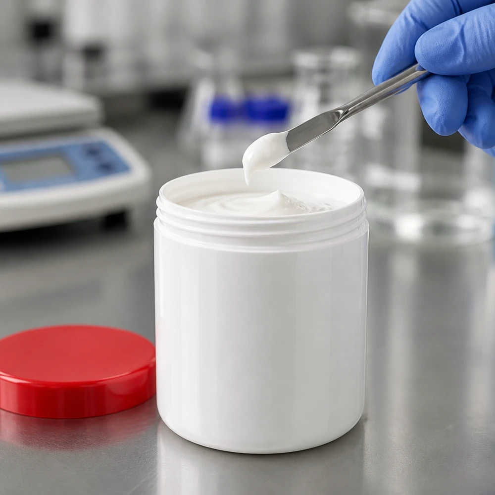 Salbenkruke 20g weiß PP mit rotem Schraubdeckel für pharmazeutische und kosmetische Abfüllung