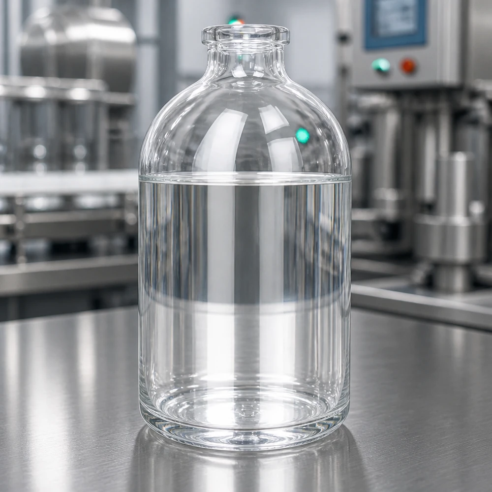 Injektionsflasche Klarglas 100ml für pharmazeutischen und gewerblichen Einsatz auf Edelstahloberfläche