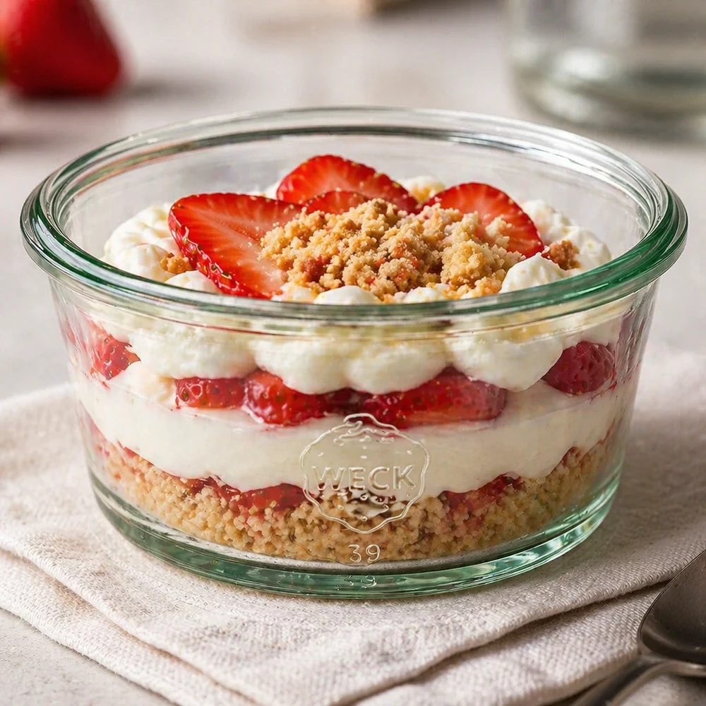 WECK Gourmetglas RR80 165ml mit Erdbeer-Sahne-Dessert und Streuseln als Nachtisch-Präsentation auf Leinentuch