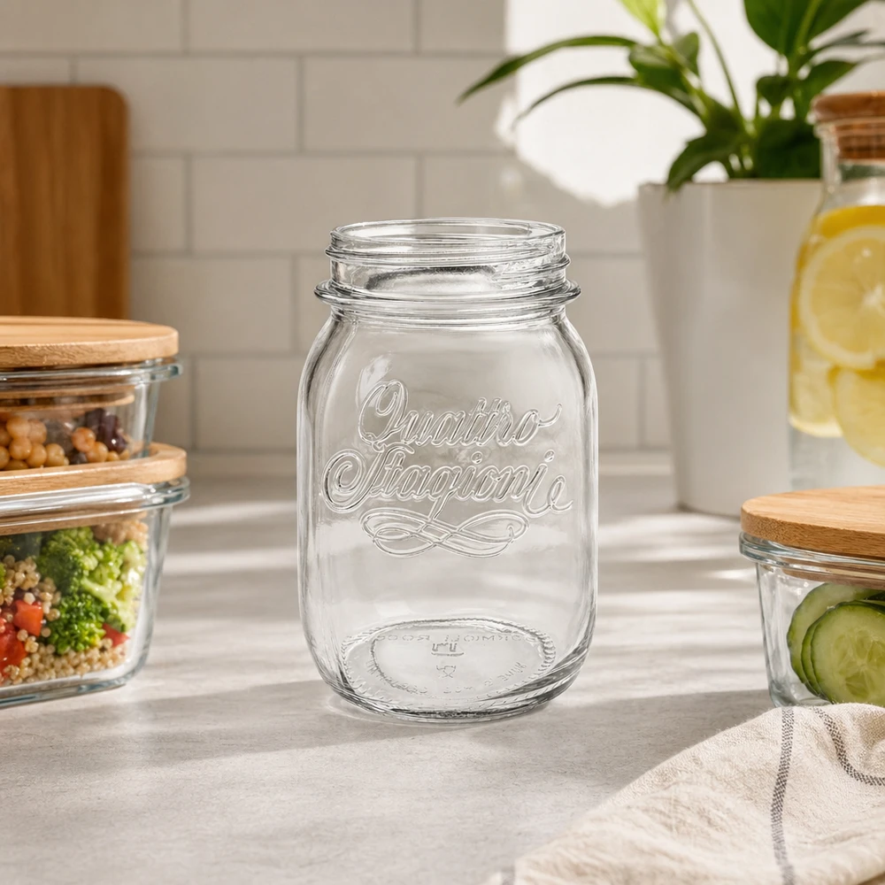 500ml Rundglas "Quattro Stagioni" QS70mm 500ml Quattro Stagioni Haushaltsglas ohne Deckel auf Küchenarbeitsplatte mit anderen Vorratsgläsern im Hintergrund